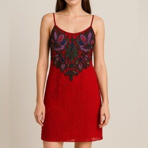 Red Silk Multicolored Bugle Bead Dress